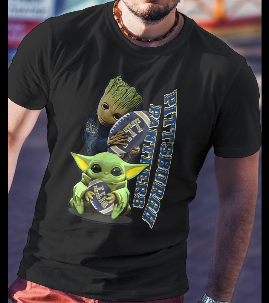 Grzd Pittsburgh Panthers Groot Baby Yoda Holding Pitt Football T-Shirt