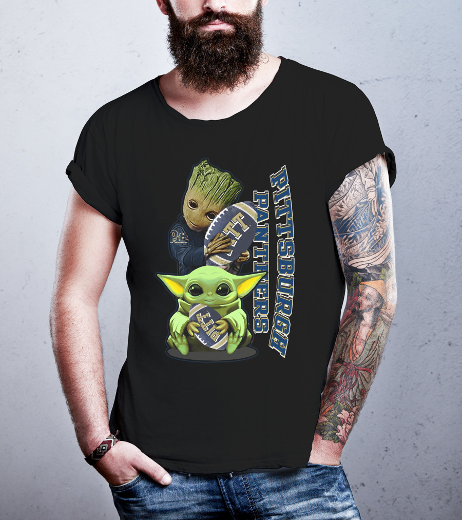 Grzd Pittsburgh Panthers Groot Baby Yoda Holding Pitt Football T-Shirt
