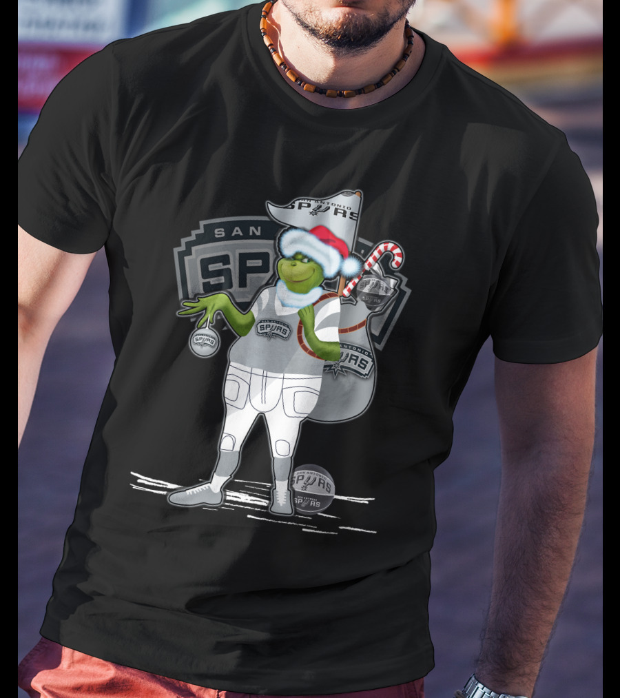 Grinch Santa Hat Holding Ornament San Antonio Spurs Christmas Sack T-Shirt