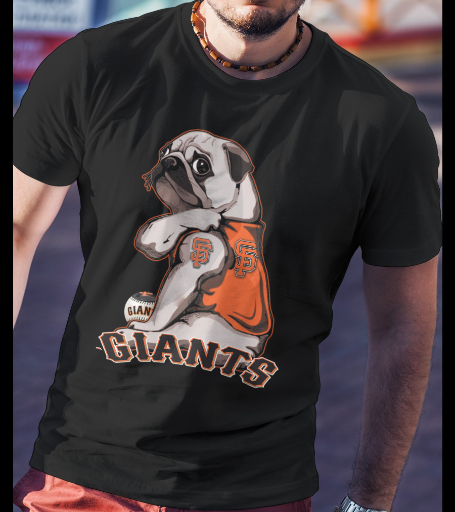 Pug In San Francisco Giants Orange Jersey With Logo And Baseball T-Shirt