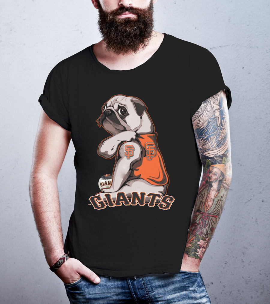 Pug In San Francisco Giants Orange Jersey With Logo And Baseball T-Shirt