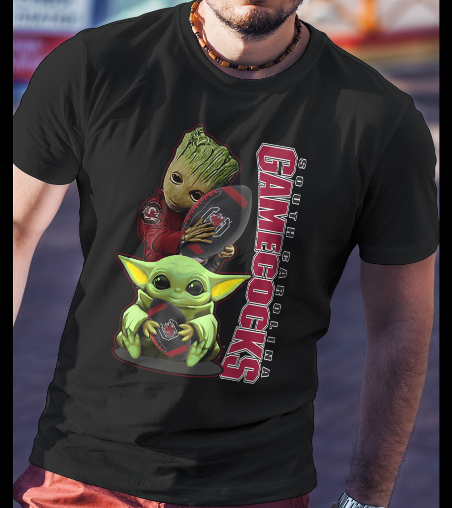 Groot And Baby Yoda Holding South Carolina Gamecocks Football T-Shirt