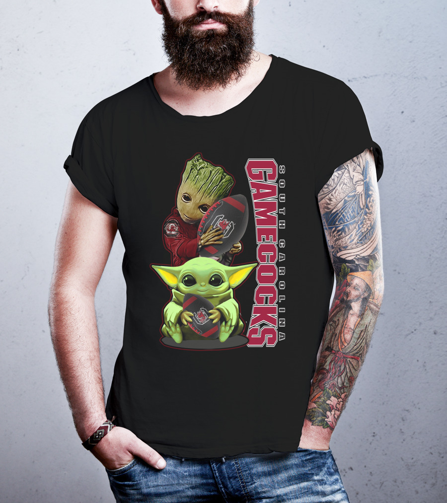 Groot And Baby Yoda Holding South Carolina Gamecocks Football T-Shirt