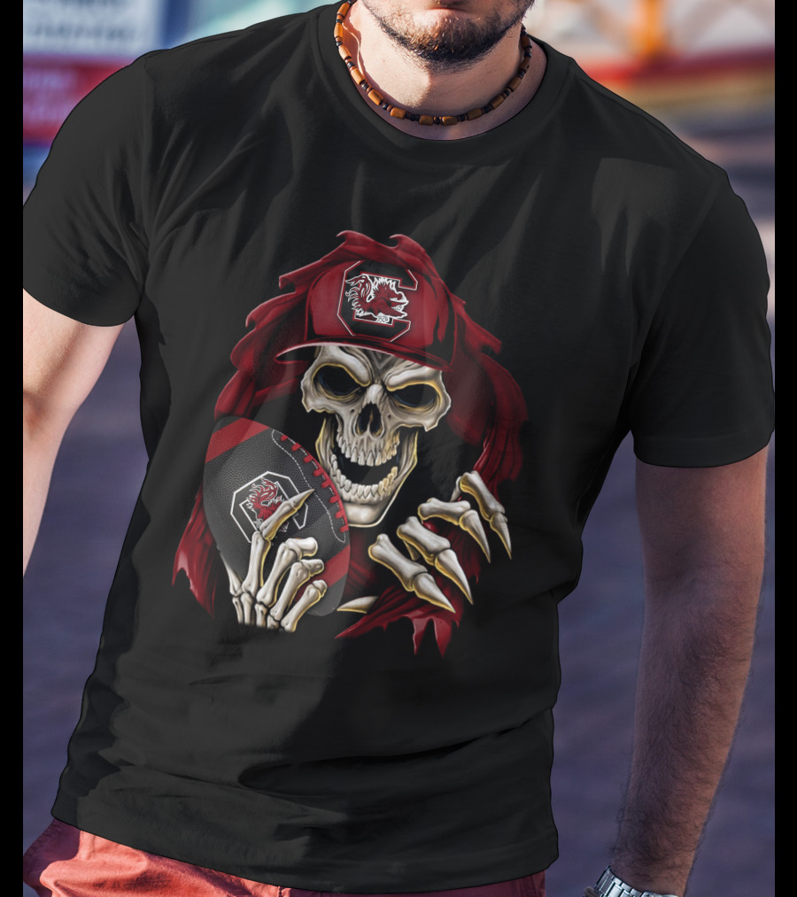 South Carolina Gamecocks Skull Holding Football T-Shirt
