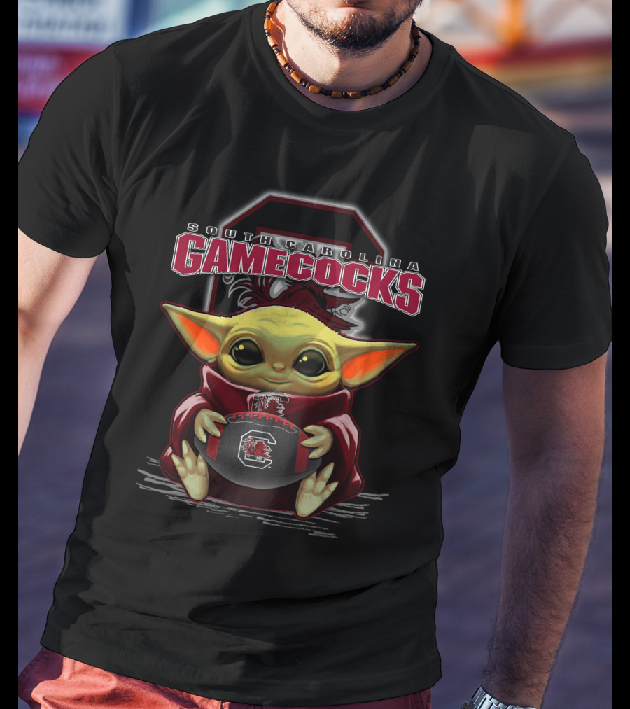 South Carolina Gamecocks Yoda Football Fan With Logo And Baby Mandalorian T-Shirt