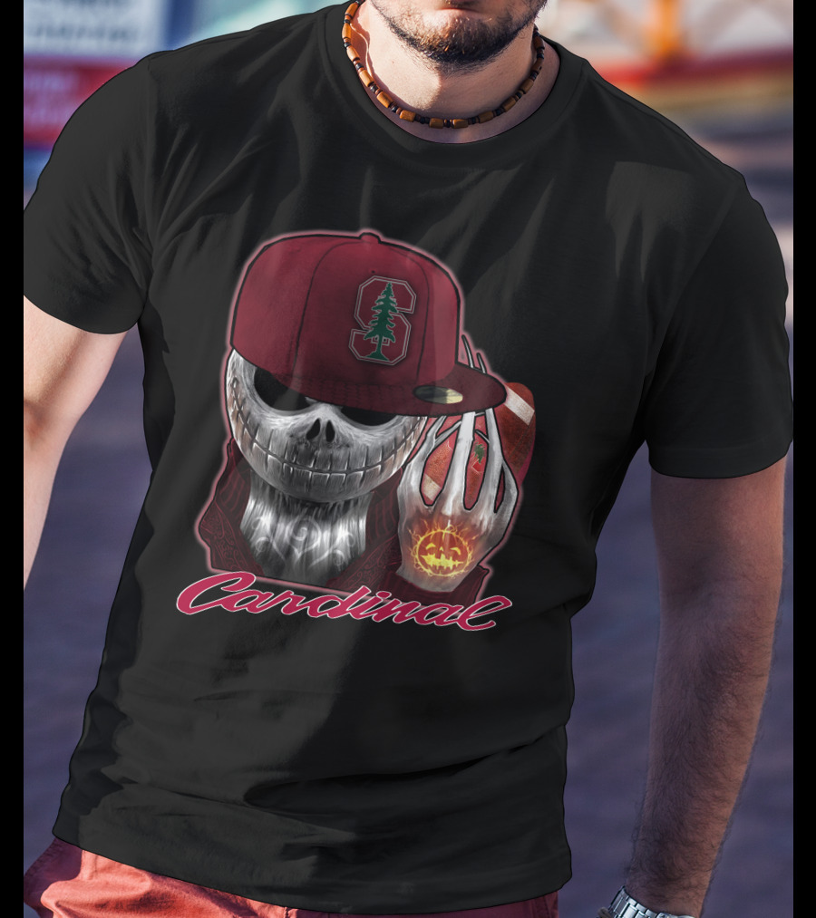 Jackskull Holding Football With Stanford Cardinal Hat And Glowing Pumpkin T-Shirt