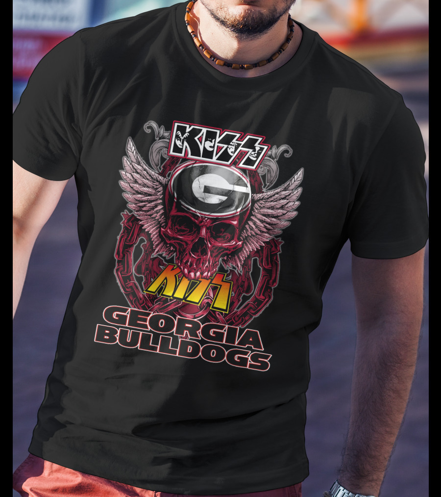 Kiss Georgia Bulldogs Skull Helmet Wings T-Shirt