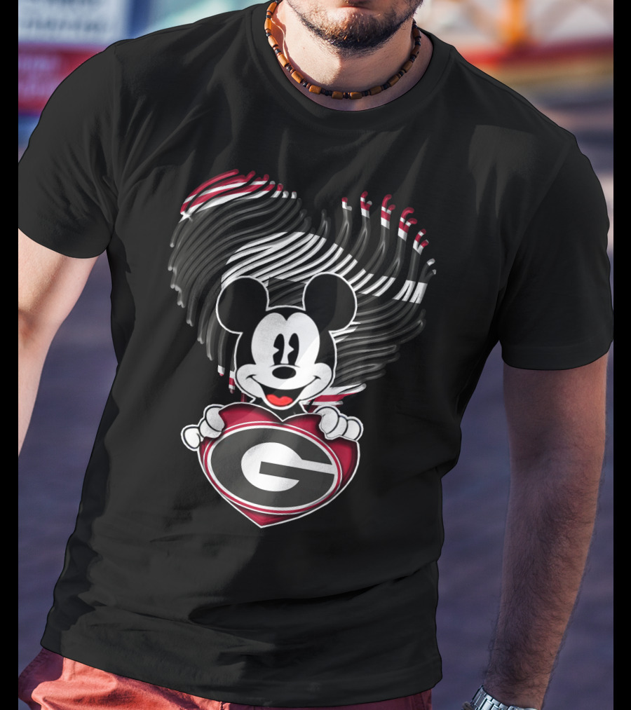 Mick Georgia Bulldogs Heart With G Logo And Black Red Stripes T-Shirt