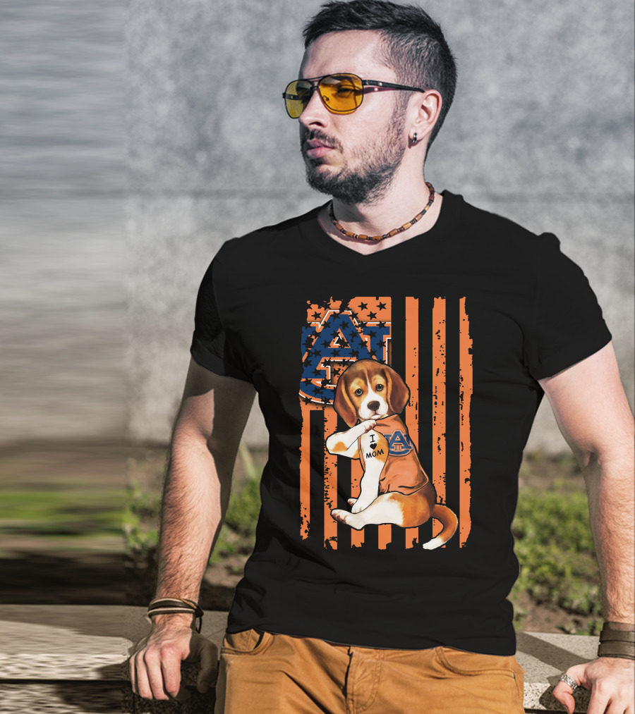 Auburn Tigers Beagle With I Love Mom Tattoo On Auburn T-Shirt