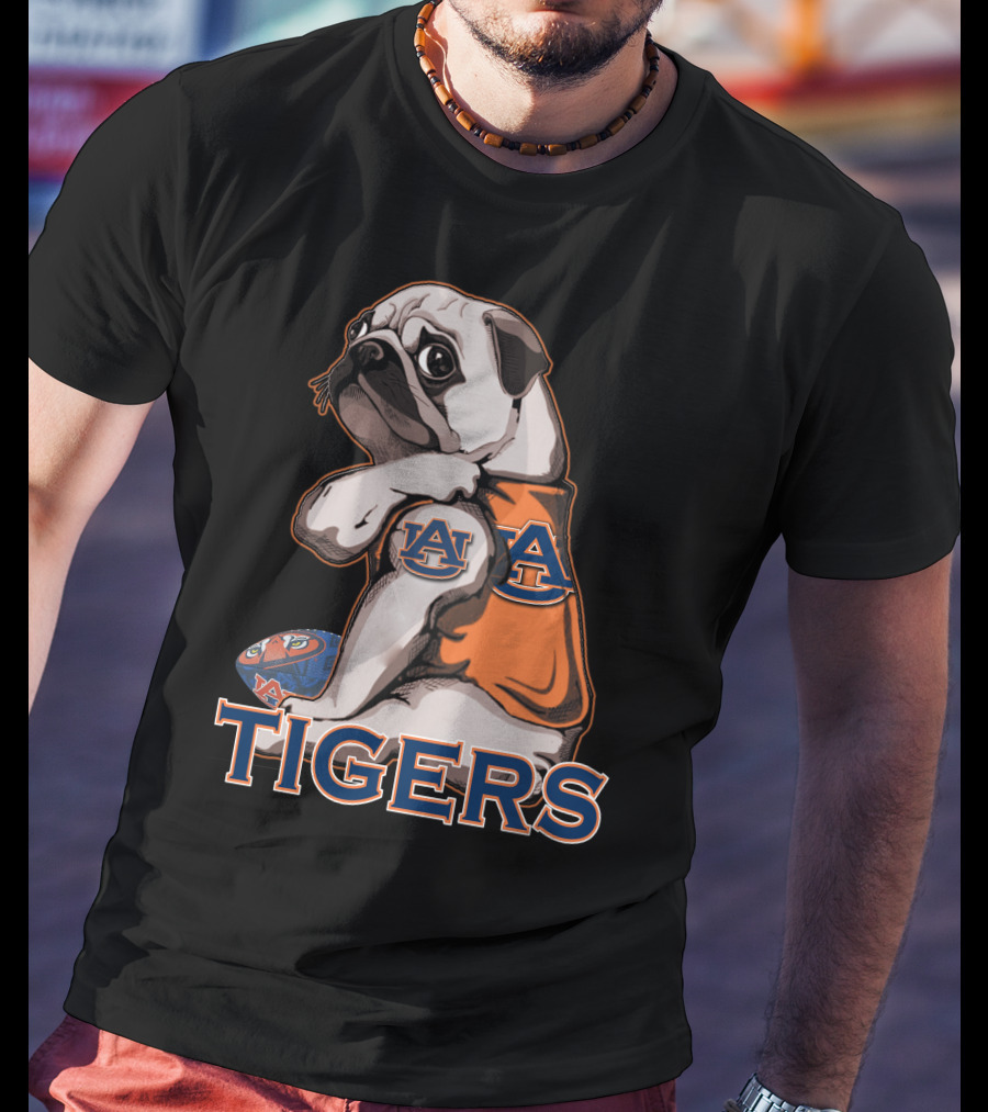Pug Wearing Auburn Tigers Jersey With Football T-Shirt