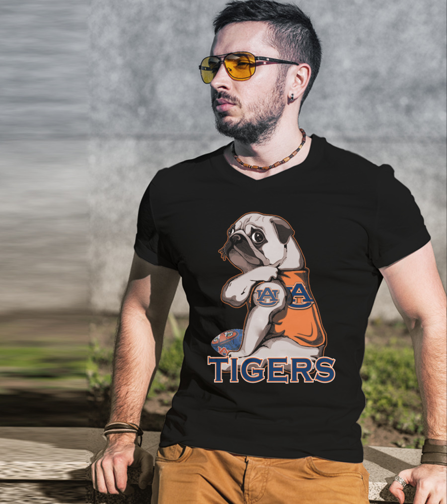 Pug Wearing Auburn Tigers Jersey With Football T-Shirt