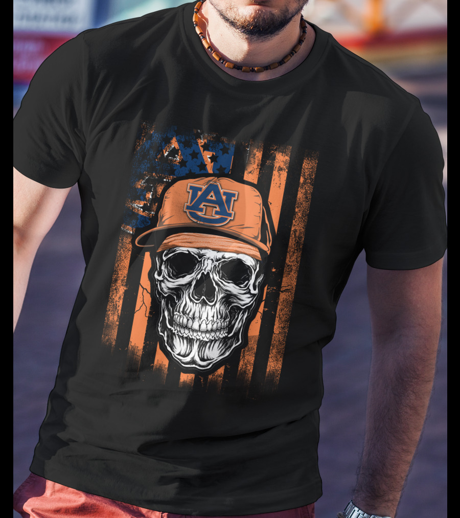 Auburn Tigers Skull With Cap On Orange T-Shirt