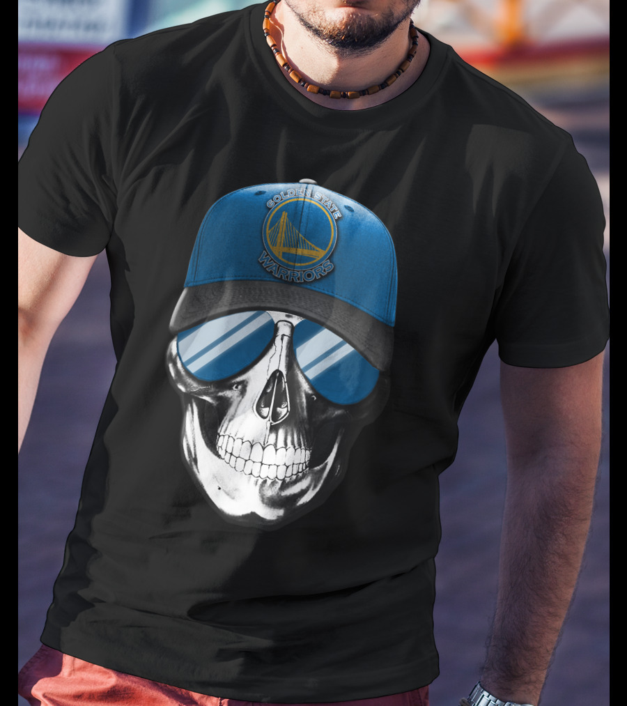 Golden State Warriors Skull With Blue Cap And Sunglasses T-Shirt