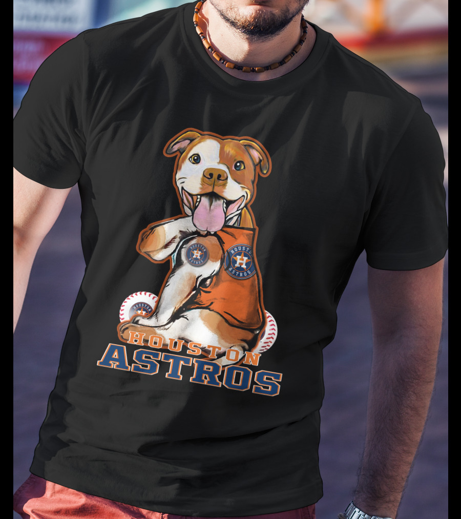 Pittbull Wearing Houston Astros Logo With Baseballs T-Shirt