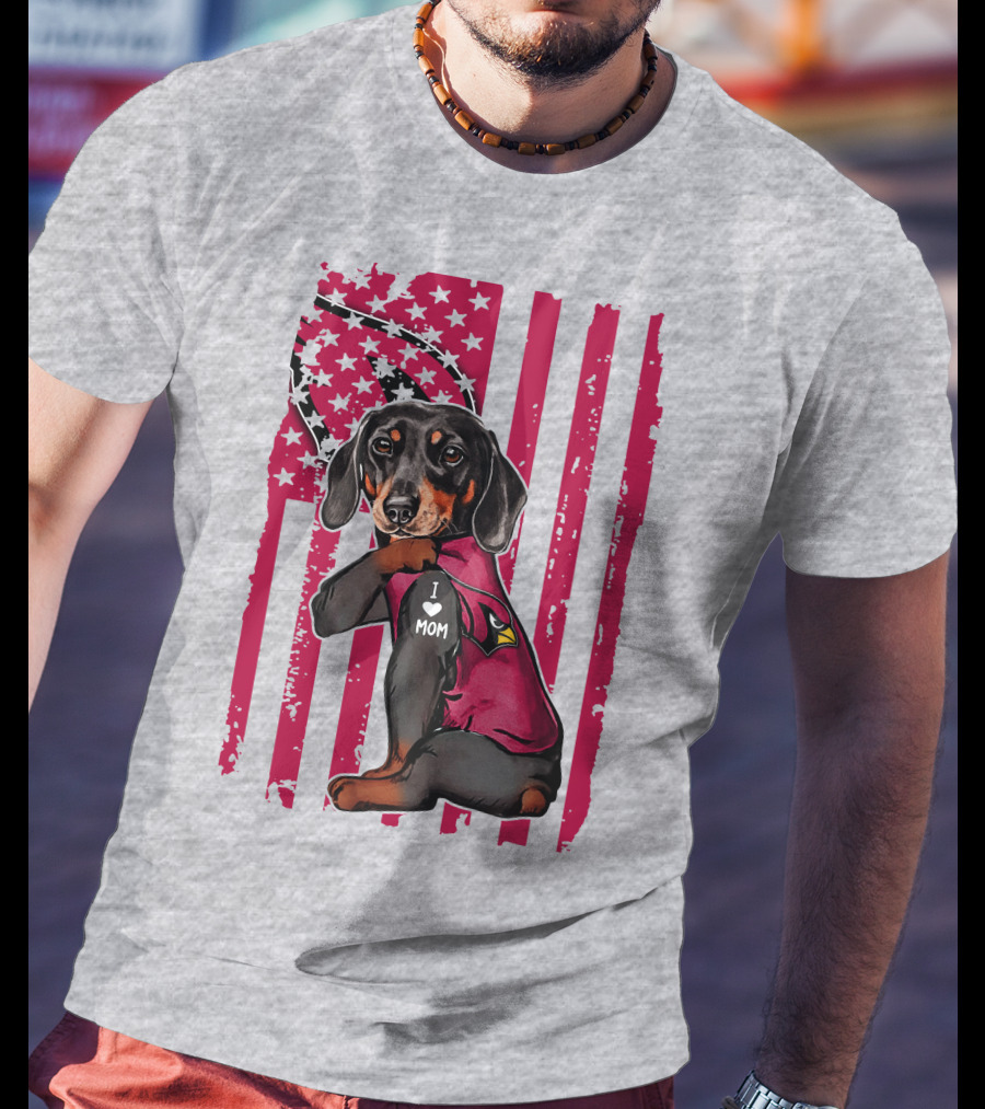 Arizona Cardinals Dachshund I Love Mom USA Flag T-Shirt