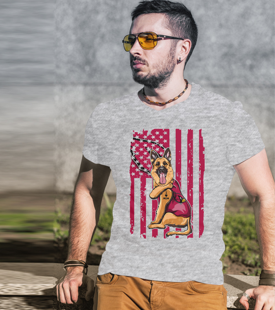 German Shepherd Wearing Arizona Cardinals Jersey With American Flag Background T-Shirt