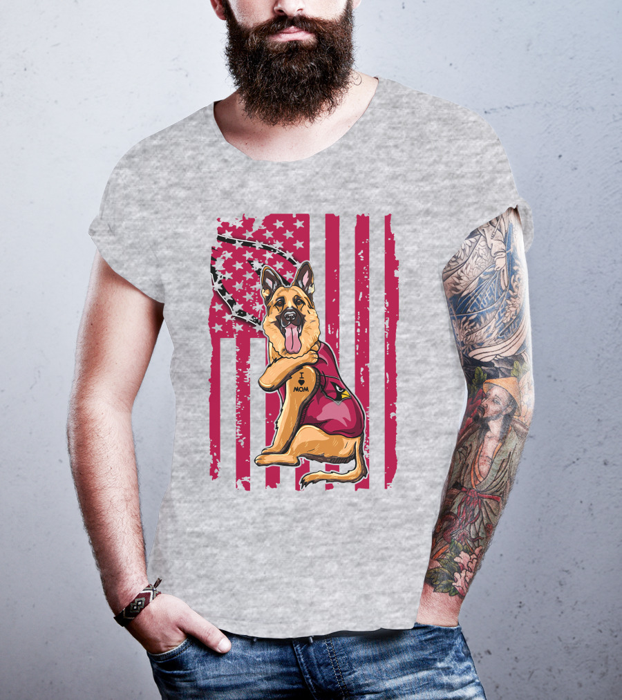 German Shepherd Wearing Arizona Cardinals Jersey With American Flag Background T-Shirt