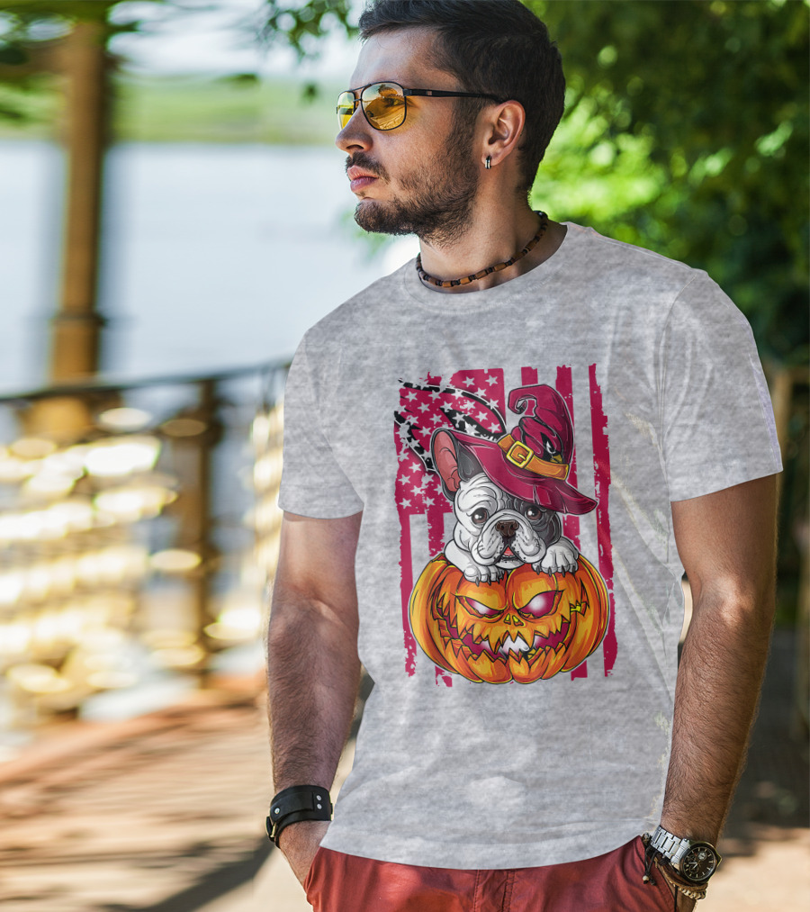 Hlw Bulldog Witch Hat Pumpkin Stars Stripes T-Shirt