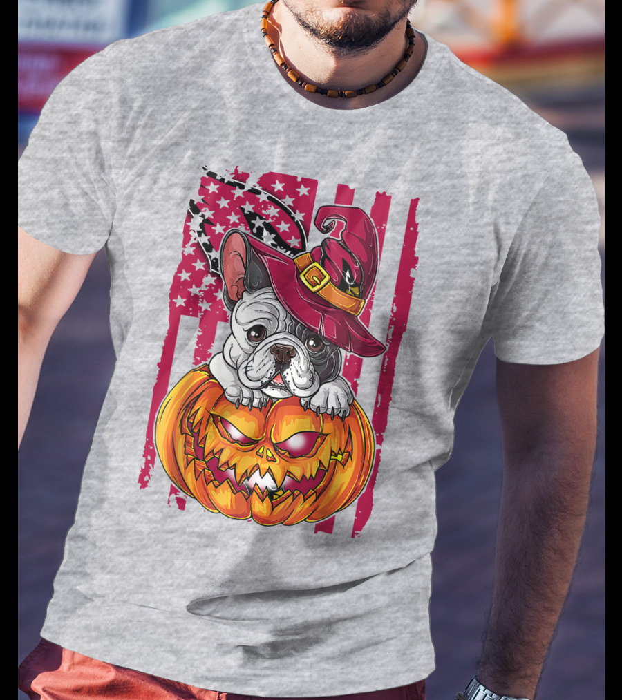 Hlw Bulldog Witch Hat Pumpkin Stars Stripes T-Shirt