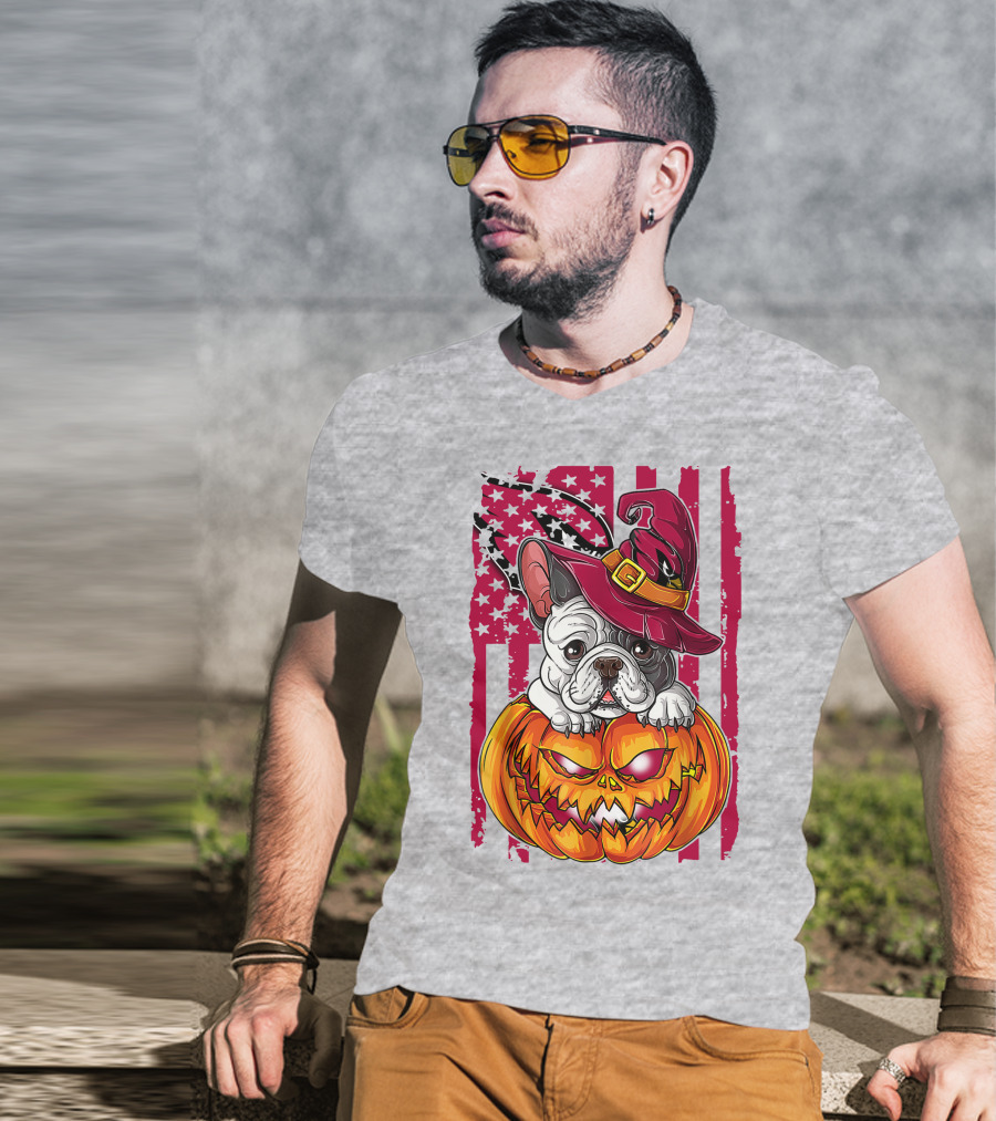 Hlw Bulldog Witch Hat Pumpkin Stars Stripes T-Shirt