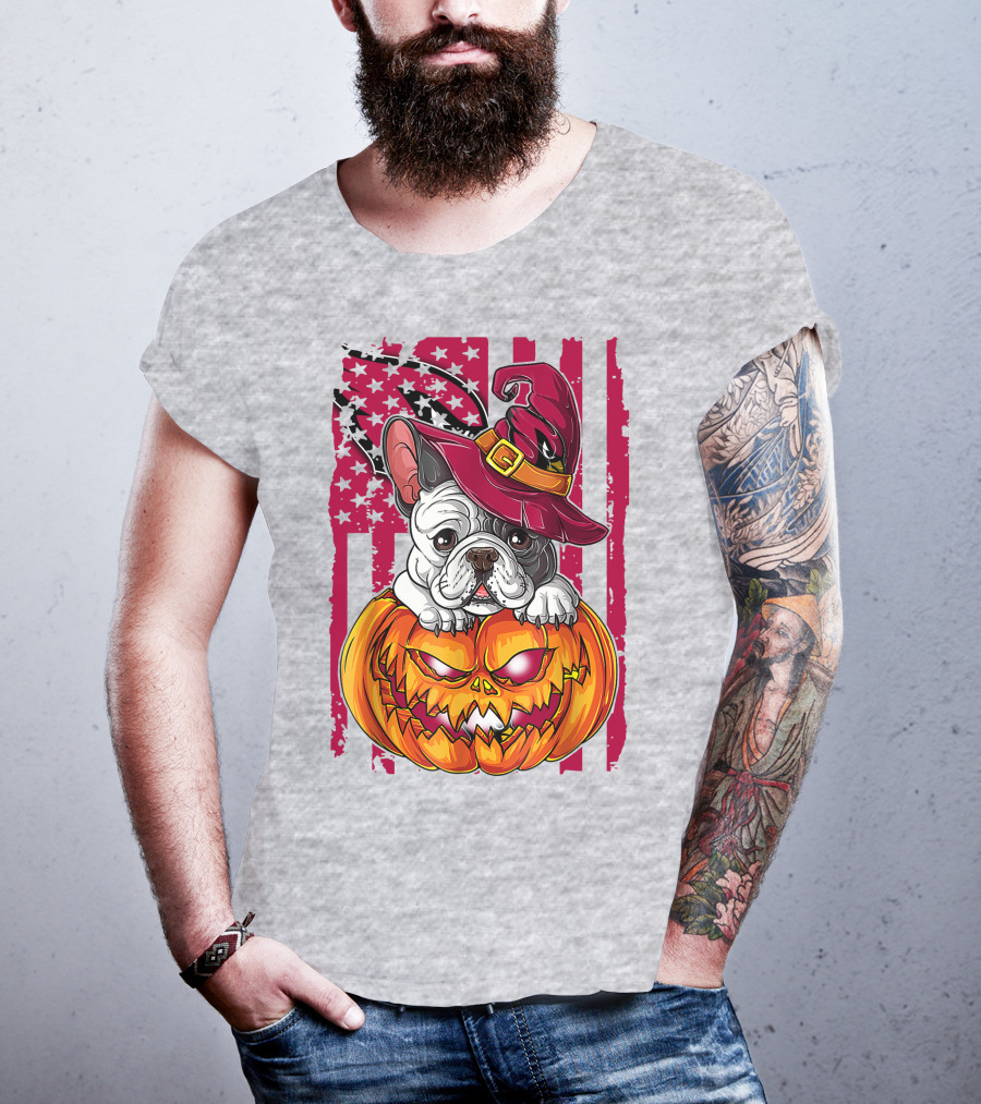 Hlw Bulldog Witch Hat Pumpkin Stars Stripes T-Shirt