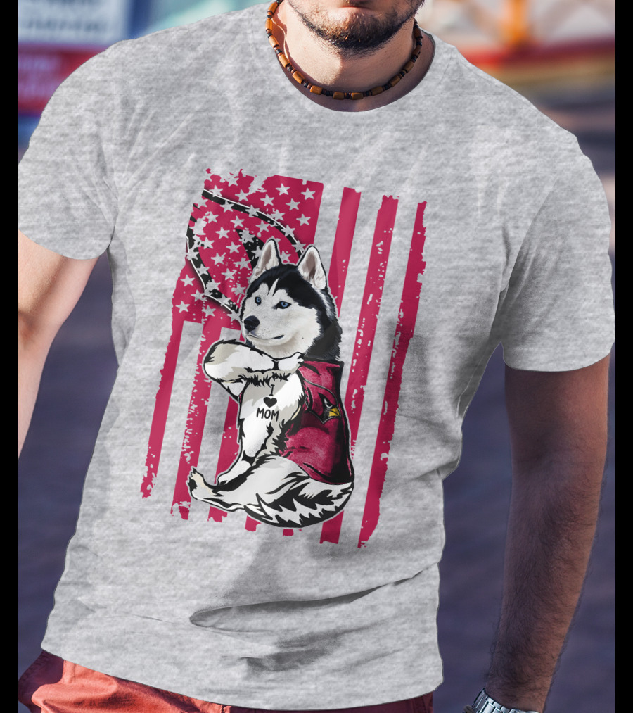Siberian Husky I Love Mom Arizona Cardinals American Flag T-Shirt