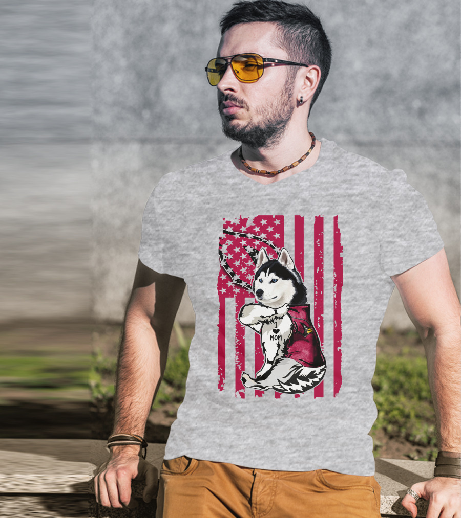 Siberian Husky I Love Mom Arizona Cardinals American Flag T-Shirt