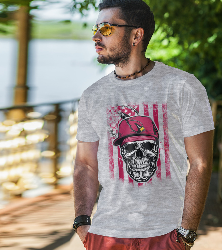Skull V1 Arizona Cardinals Red Cap American Flag T-Shirt
