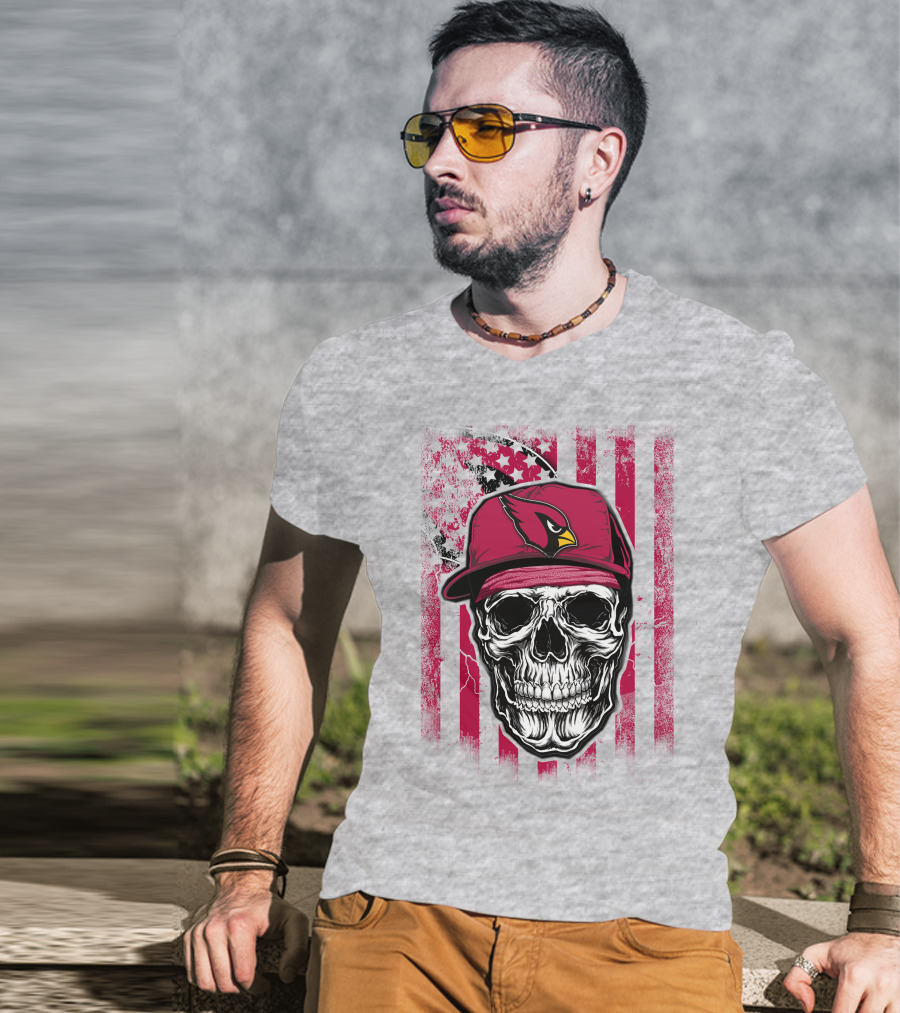 Skull V1 Arizona Cardinals Red Cap American Flag T-Shirt
