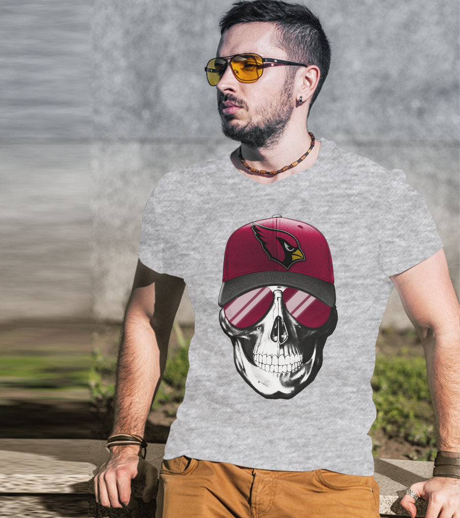 Skull V7 Arizona Cardinals Logo Hat And Sunglasses T-Shirt