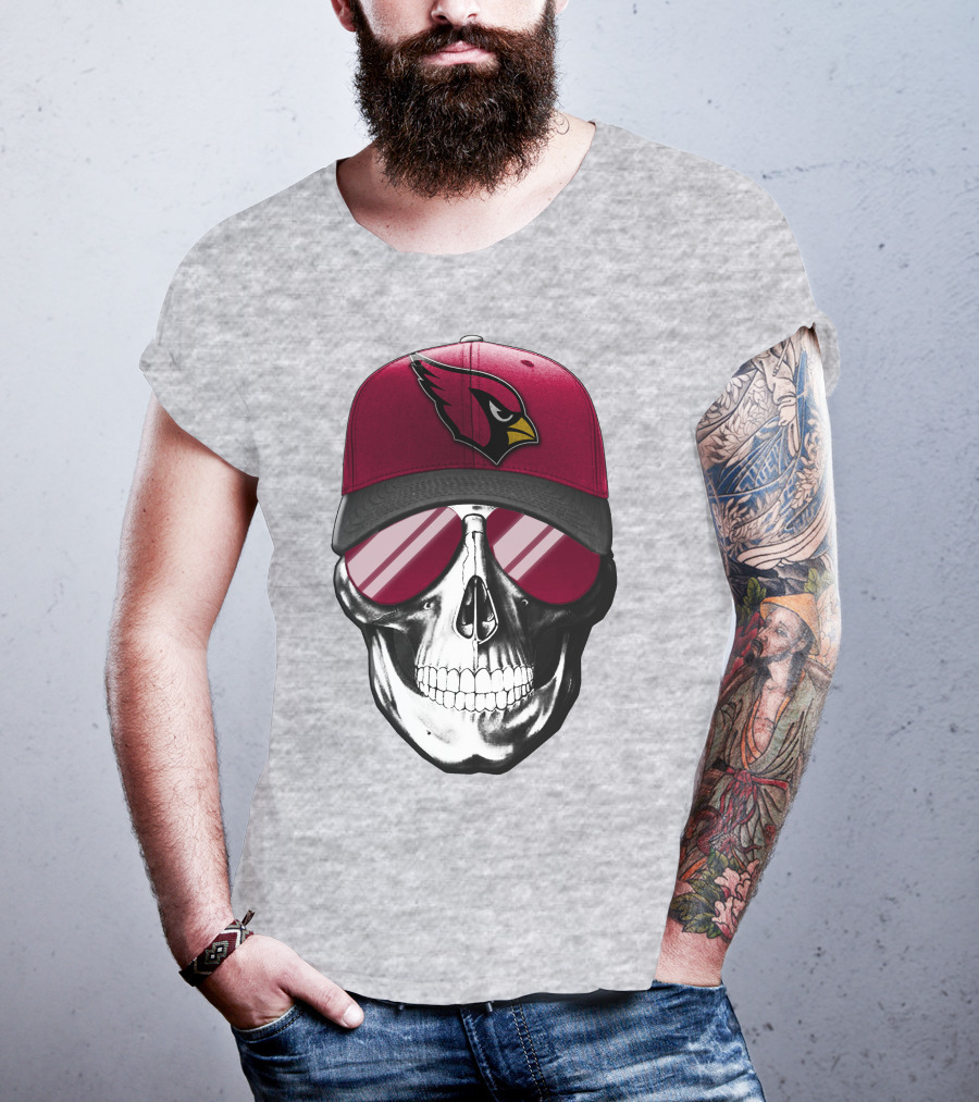 Skull V7 Arizona Cardinals Logo Hat And Sunglasses T-Shirt