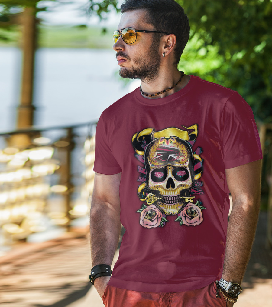 Atlanta Falcons Skull With Roses And Key T-Shirt