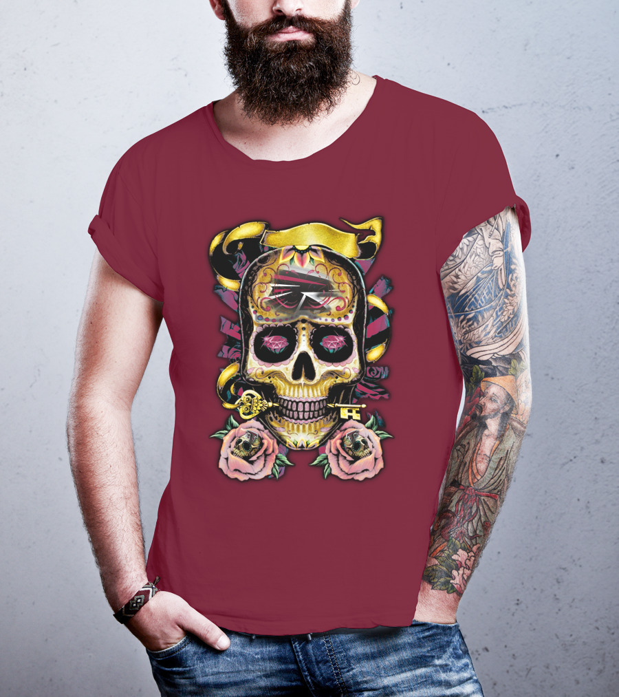 Atlanta Falcons Skull With Roses And Key T-Shirt