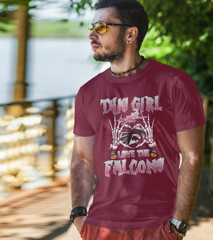 This Girl Love The Falcons Halloween Skeleton Hands Pumpkin T-Shirt