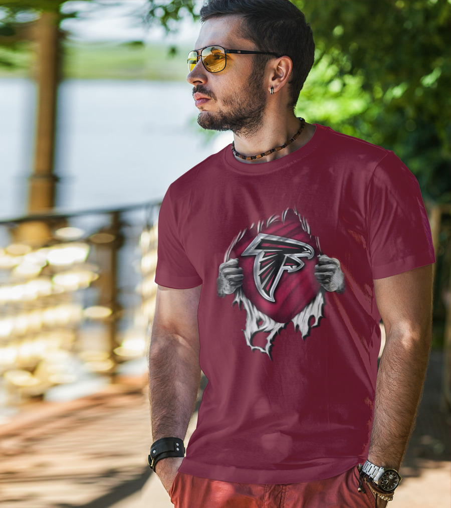 Torn Atlanta Falcons Logo With Hands Emerging T-Shirt