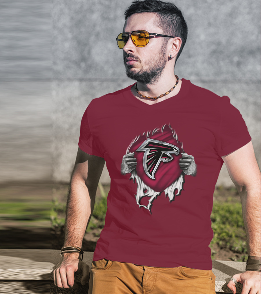Torn Atlanta Falcons Logo With Hands Emerging T-Shirt