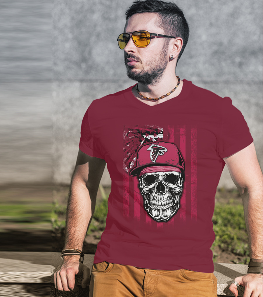Skull V1 Atlanta Falcons Cap With Falcons Logo And Grunge Stripes T-Shirt