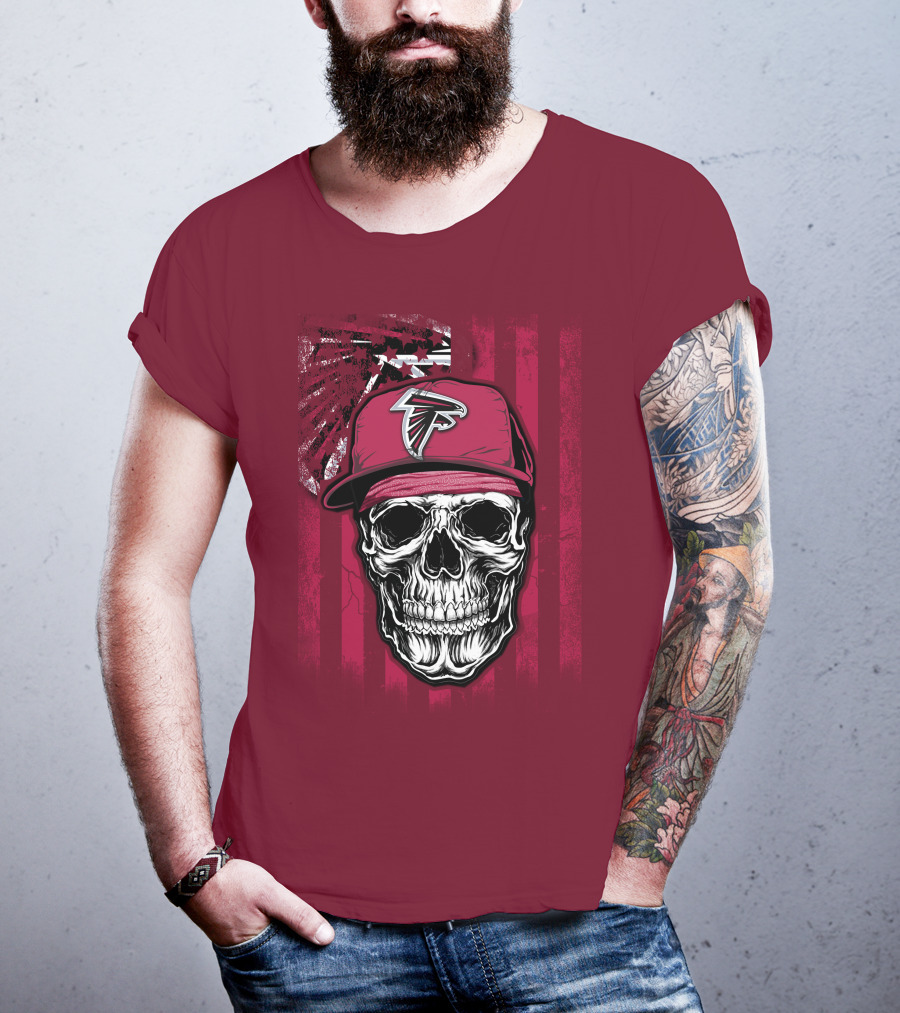 Skull V1 Atlanta Falcons Cap With Falcons Logo And Grunge Stripes T-Shirt