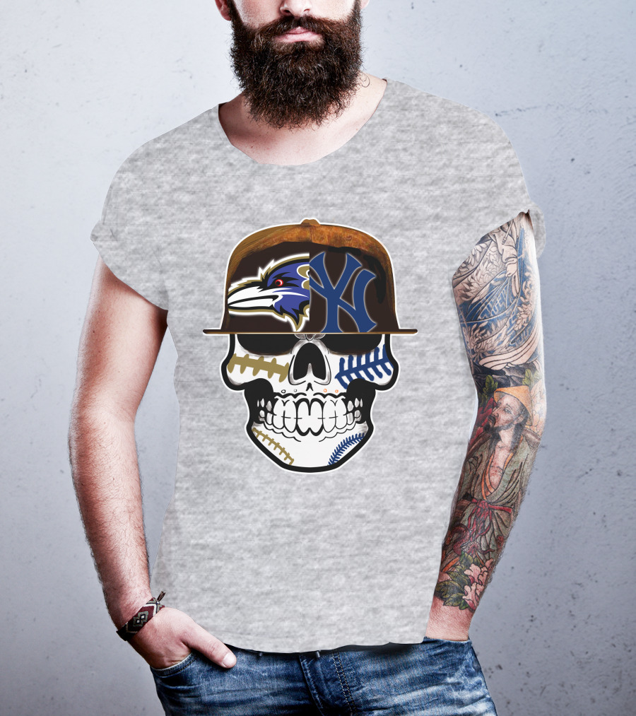 Baltimore Ravens New York Yankees Skull Hat T-Shirt