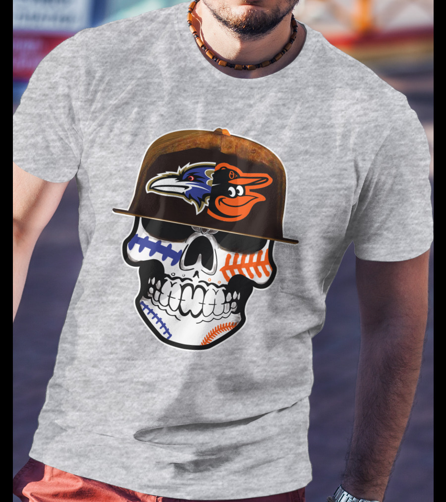 Baltimore Ravens Orioles Skull Baseball Crossover T-Shirt