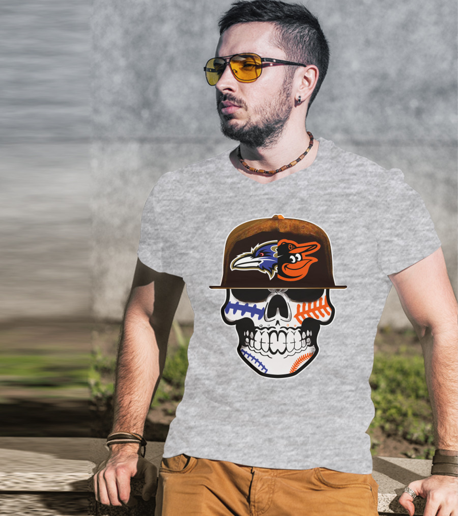 Baltimore Ravens Orioles Skull Baseball Crossover T-Shirt
