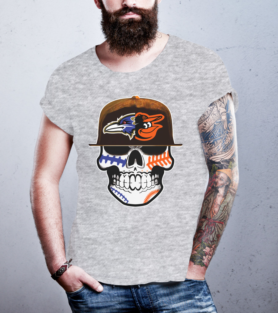 Baltimore Ravens Orioles Skull Baseball Crossover T-Shirt