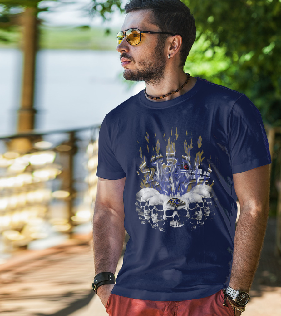 Baltimore Ravens Skull Flame Design With Team Logo T-Shirt