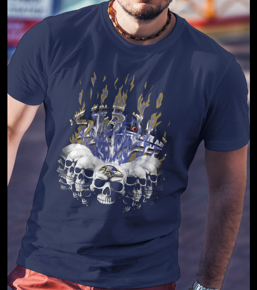 Baltimore Ravens Skull Flame Design With Team Logo T-Shirt