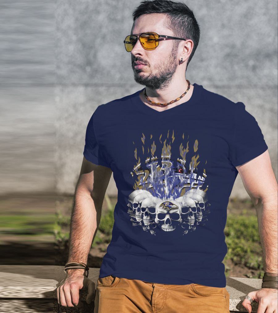 Baltimore Ravens Skull Flame Design With Team Logo T-Shirt