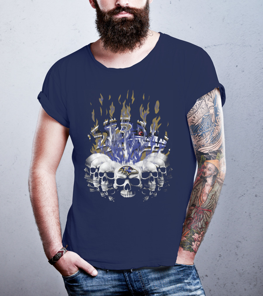 Baltimore Ravens Skull Flame Design With Team Logo T-Shirt