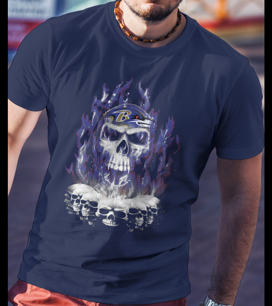 Baltimore Ravens 52 Skulls And Flames Football Helmet T-Shirt