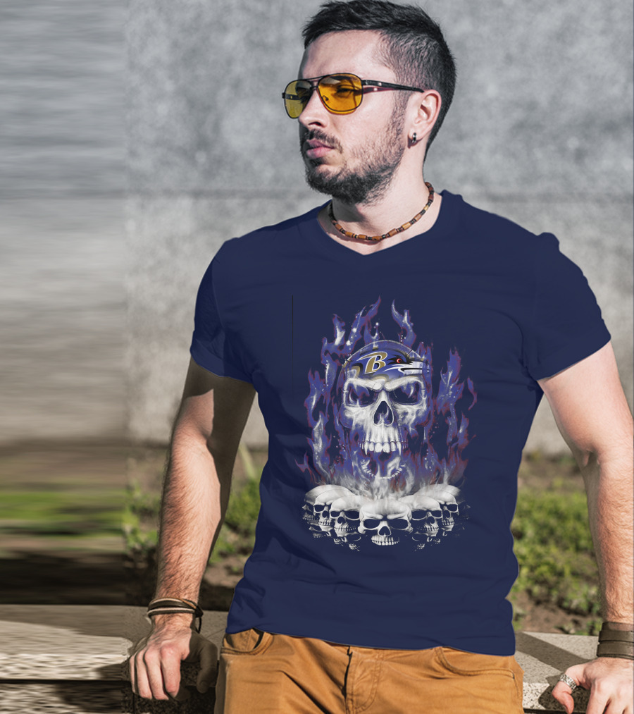 Baltimore Ravens 52 Skulls And Flames Football Helmet T-Shirt