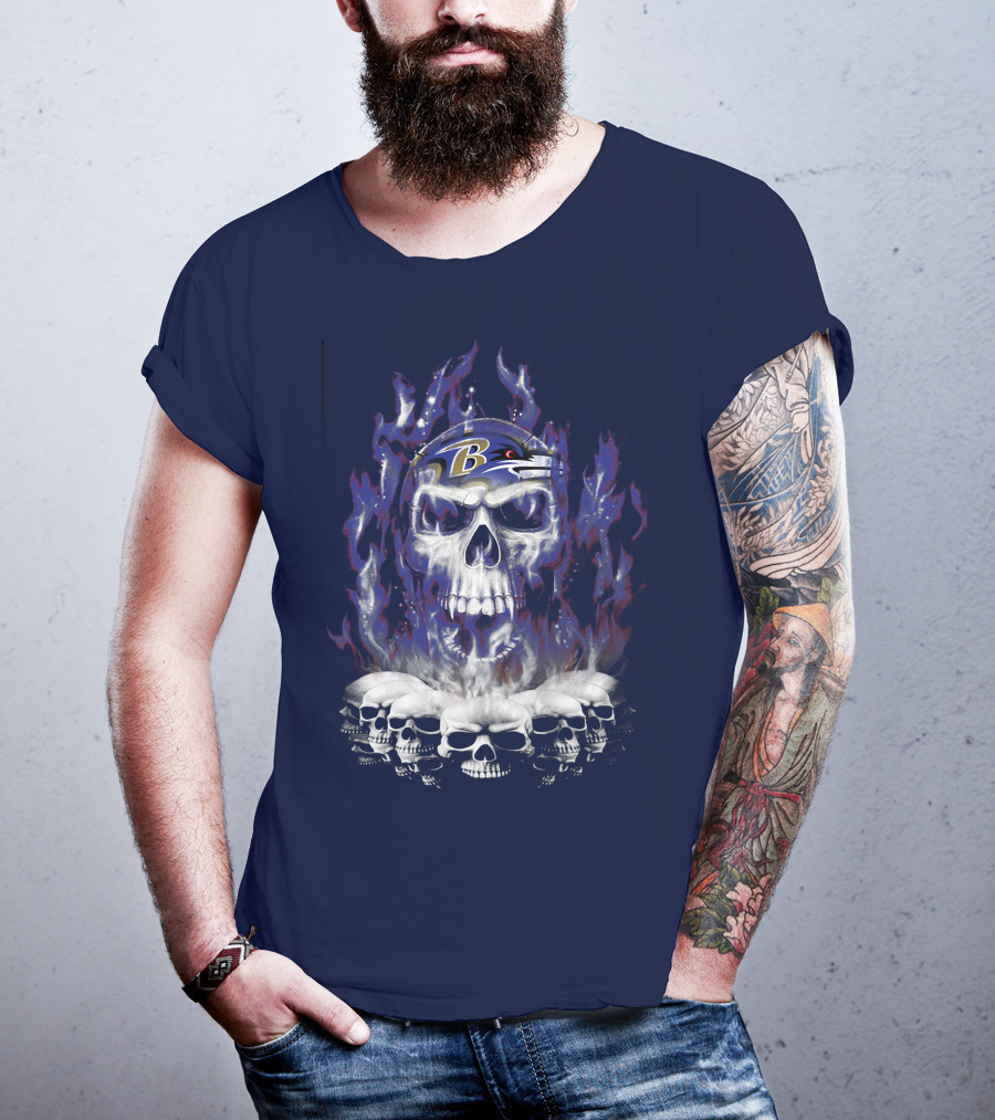 Baltimore Ravens 52 Skulls And Flames Football Helmet T-Shirt