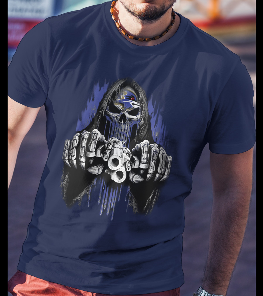 Baltimore Ravens Skull Reaper Gun Fists T-Shirt